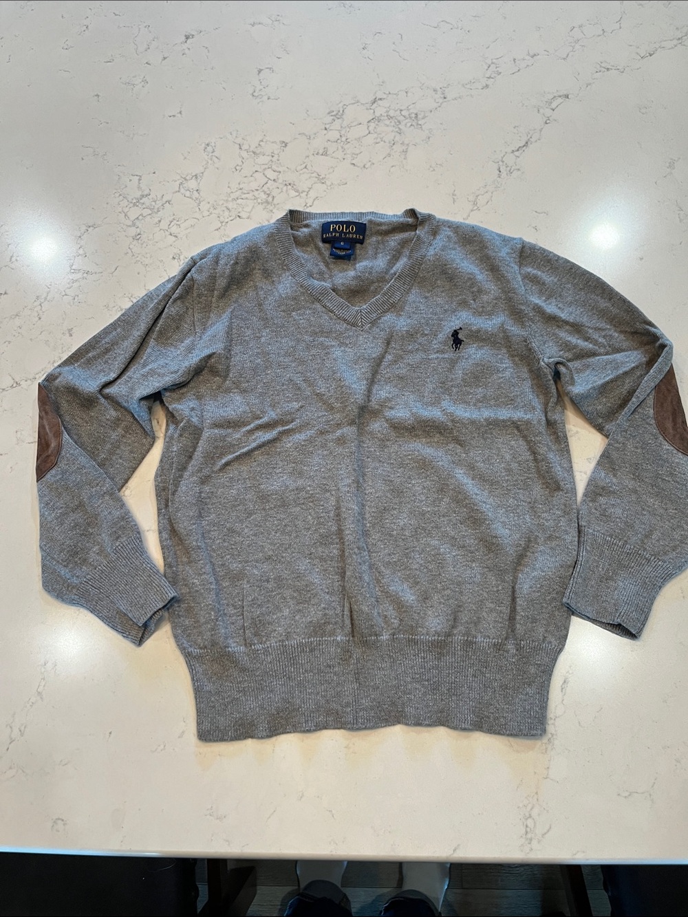 Polo by Ralph Lauren Gray V-Neck Sweater with Brown Elbow Patches